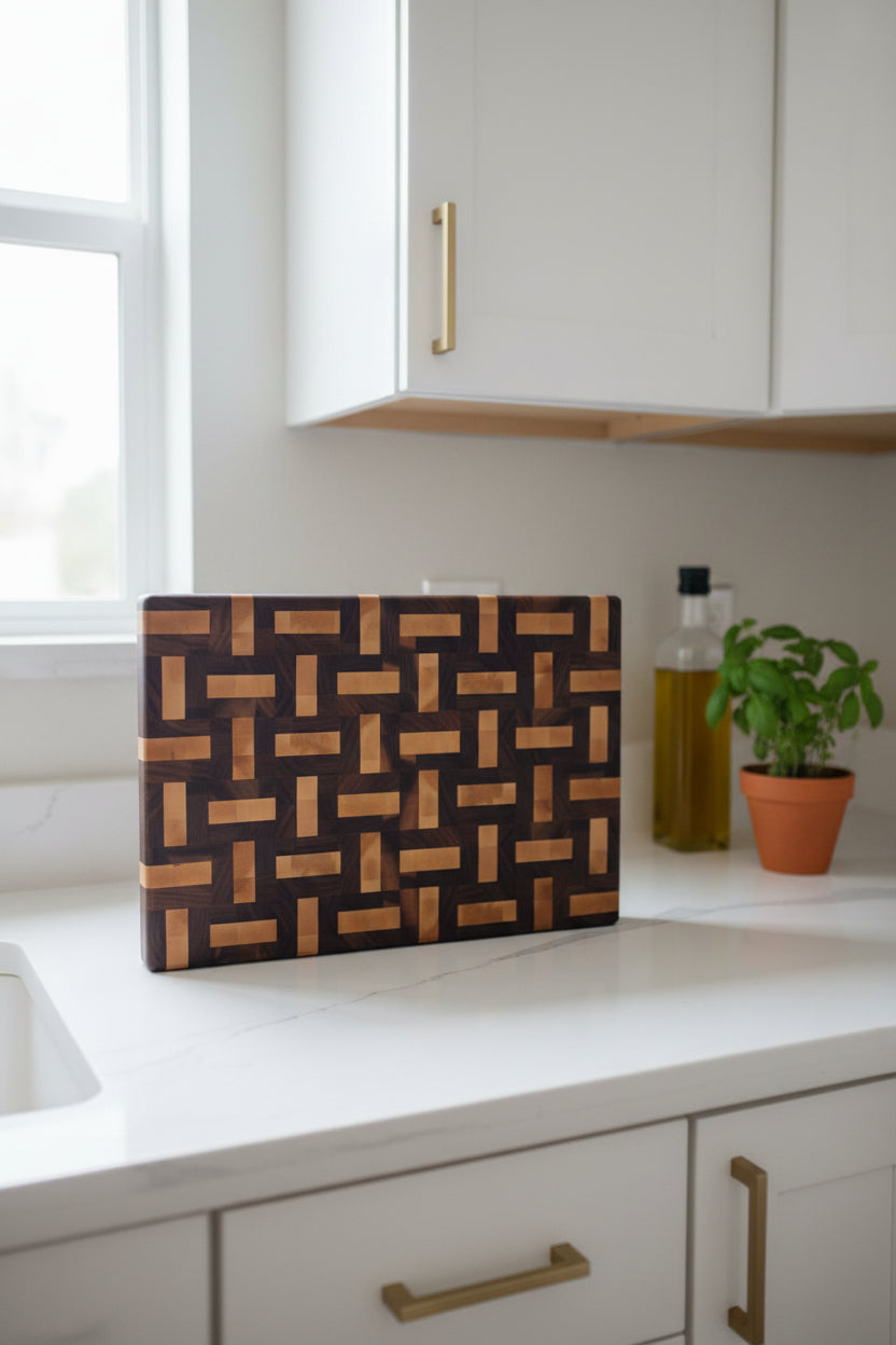 A rectangular wooden cutting board with a geometric interlocking wood pattern in dark brown and light tan, standing on a granite countertop.