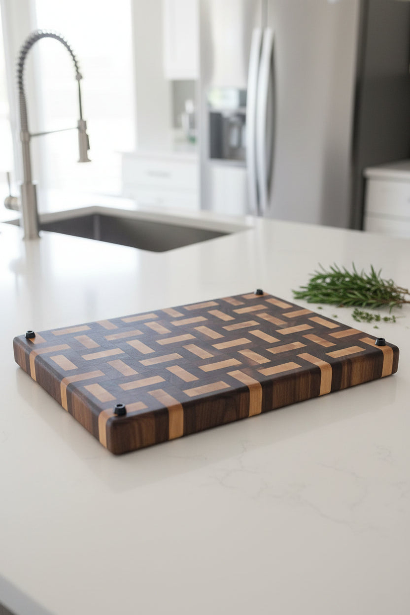 A rectangular wooden cutting board with a geometric inlay pattern of dark brown and light tan wood, shown on a granite countertop.