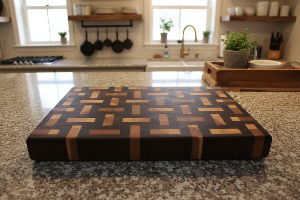 Handcrafted 12×18×1.5" End Grain Maple & Walnut Butcher Block with Rubber Feet