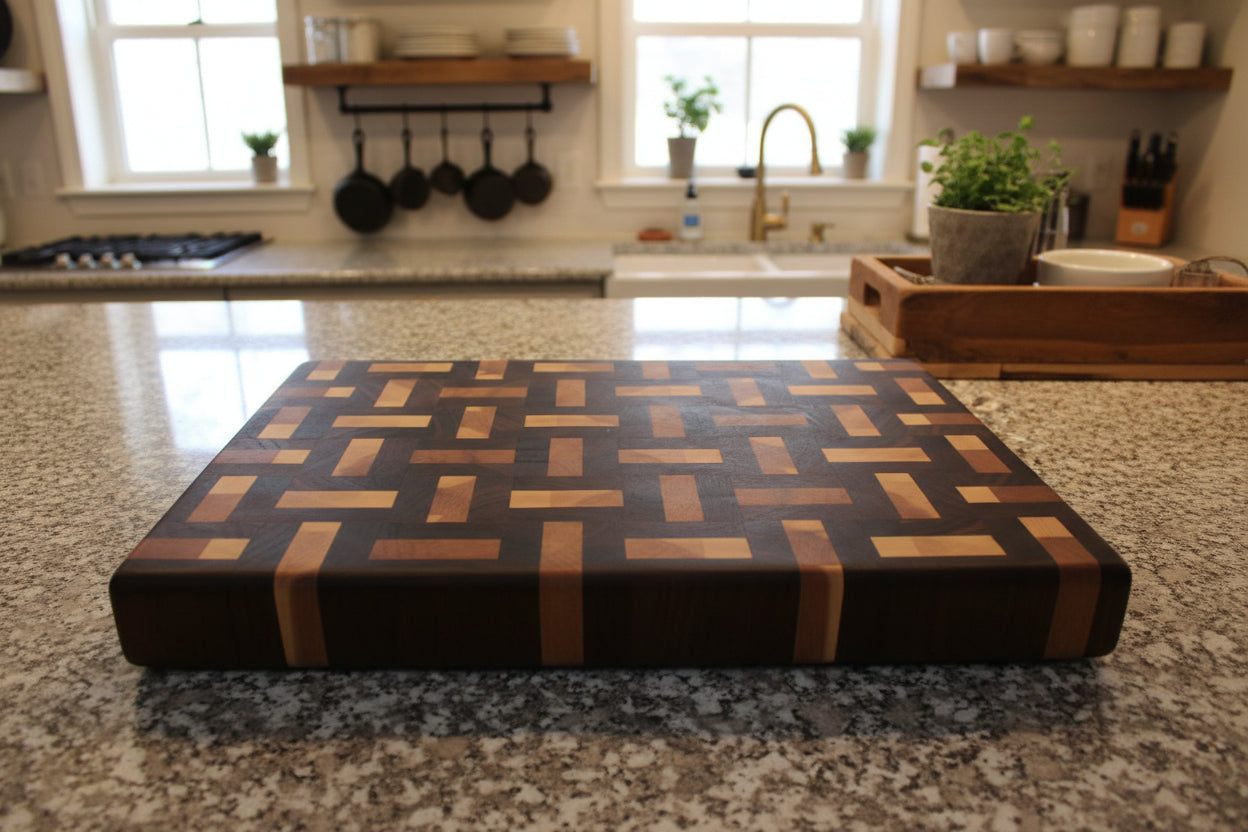 Handcrafted 12×18×1.5" End Grain Maple & Walnut Butcher Block with Rubber Feet