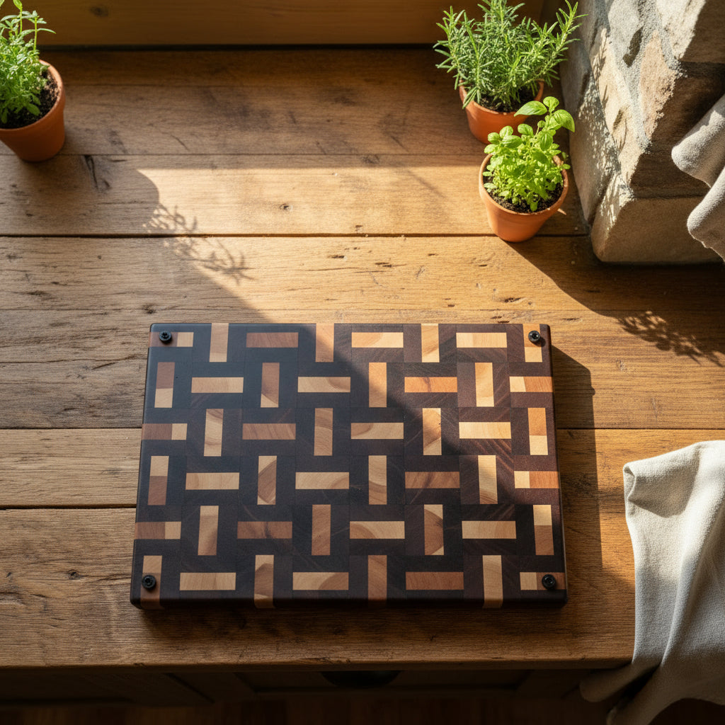 Handcrafted 12×18×1.5" End Grain Maple & Walnut Butcher Block with Rubber Feet