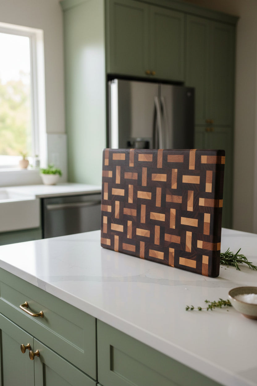 Handcrafted 12×18×1.5" End Grain Maple & Walnut Butcher Block with Rubber Feet
