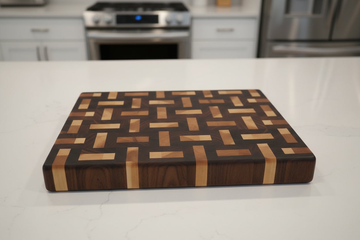 Handcrafted 12×18×1.5" End Grain Maple & Walnut Butcher Block with Rubber Feet