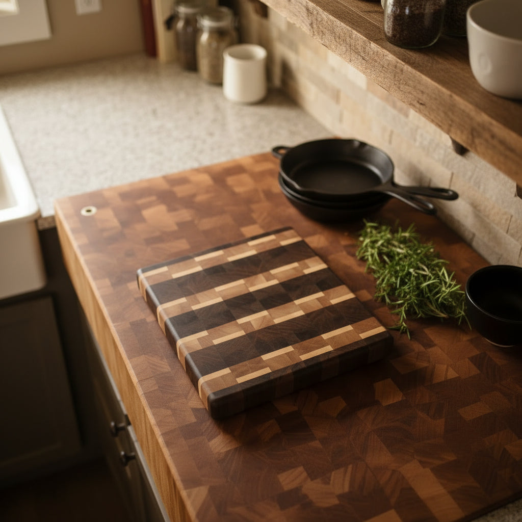 Handcrafted End Grain Black Walnut, Cherry & Maple Cutting Board with Stainless Steel Feet – 8" x 10.5" x 1.25"
