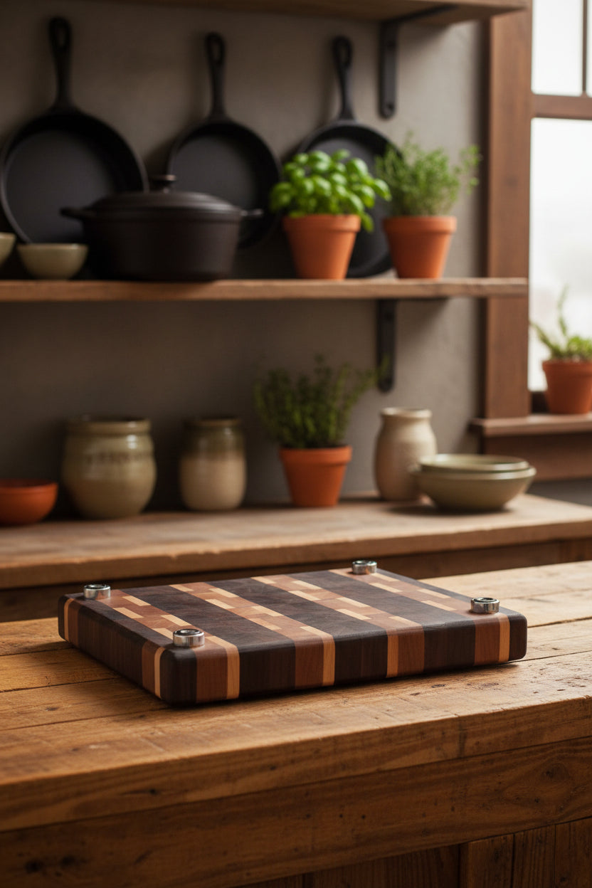 Handcrafted End Grain Black Walnut, Cherry & Maple Cutting Board with Stainless Steel Feet – 8" x 10.5" x 1.25"