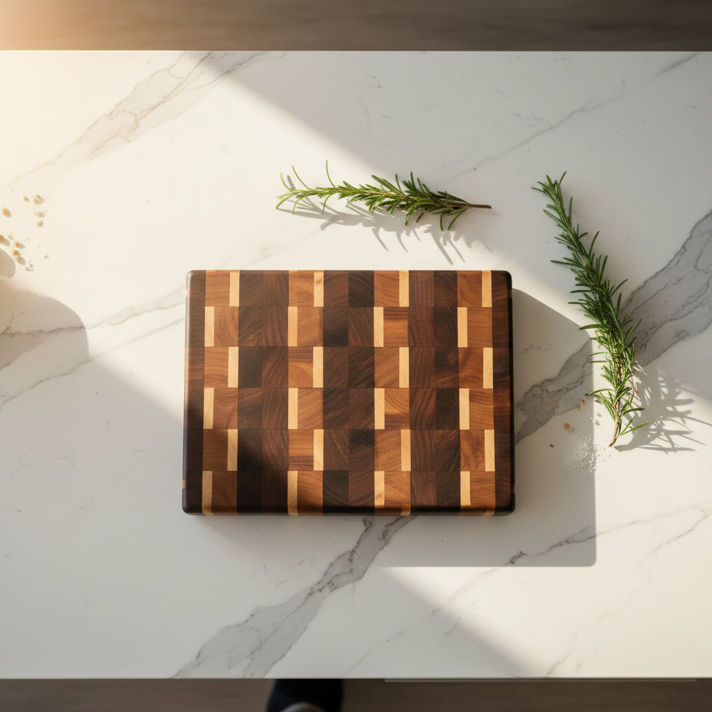 Handcrafted End Grain Black Walnut, Cherry & Maple Cutting Board with Stainless Steel Feet – 8" x 10.5" x 1.25"