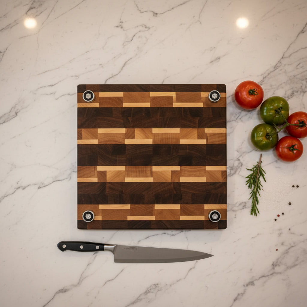 Handcrafted End Grain Black Walnut, Cherry & Maple Cutting Board with Stainless Steel Feet – 8" x 10.5" x 1.25"