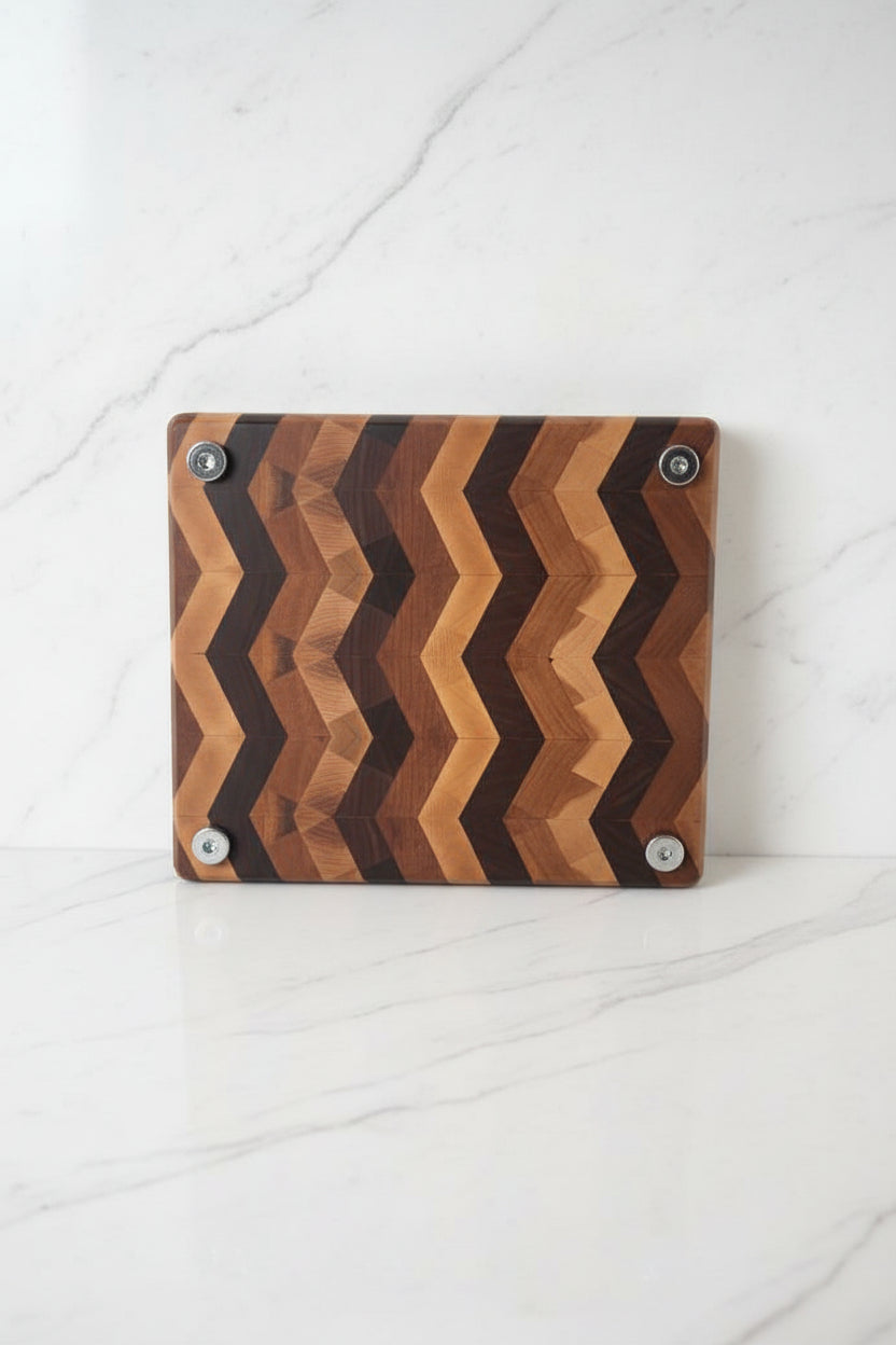 Handcrafted End Grain Black Walnut, Cherry & Maple Cutting Board with Stainless Steel Feet – 9.25" x 10.5" x 1.25"