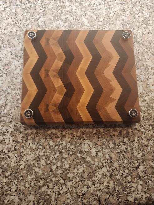 Handcrafted End Grain Black Walnut, Cherry & Maple Cutting Board with Stainless Steel Feet – 9.25" x 10.5" x 1.25"