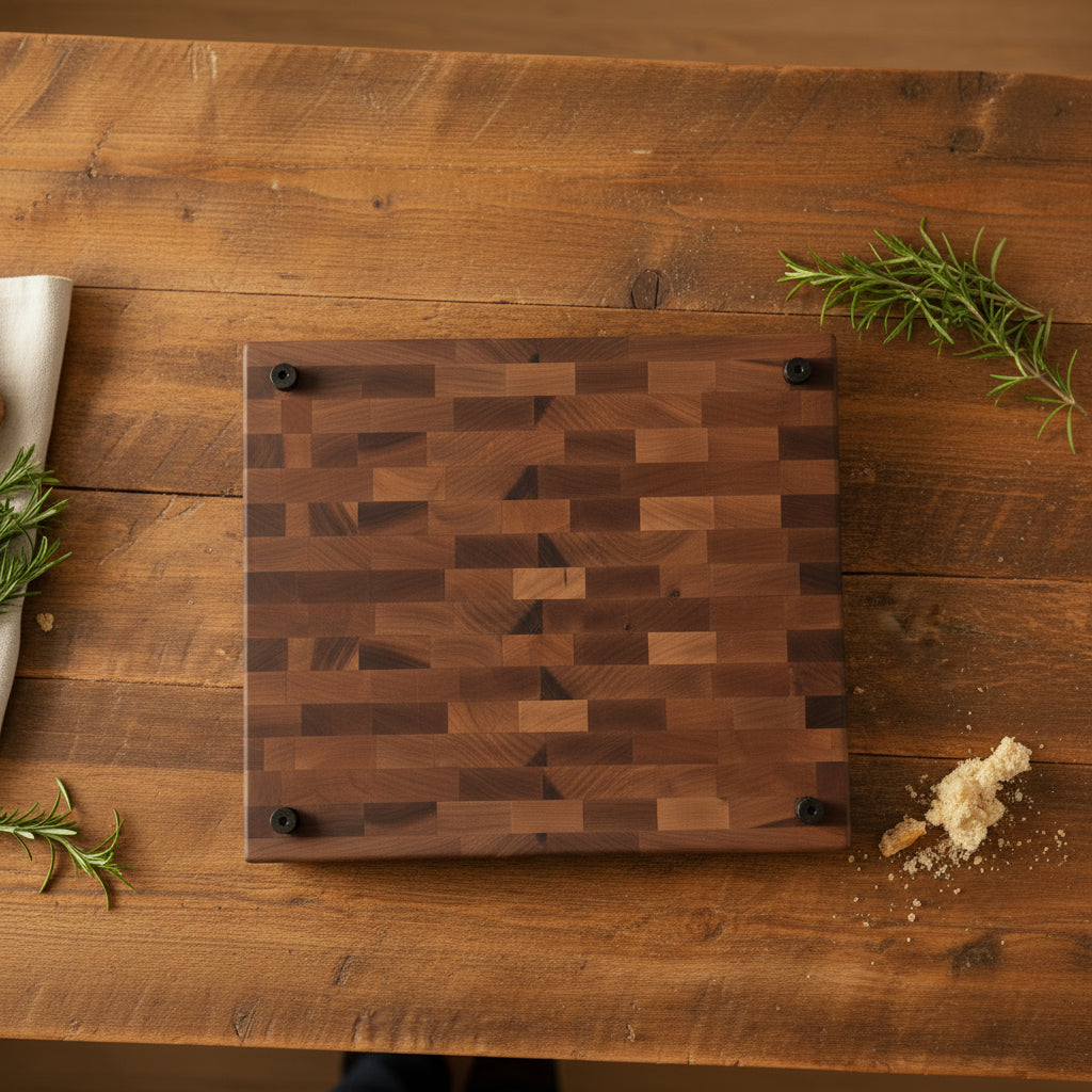 Handmade End Grain Northern Hard Maple Cutting Board with Rubber Feet – 12" x 12" x 1.75"