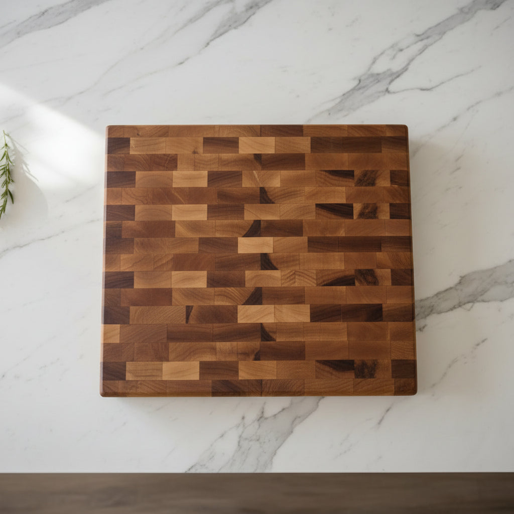 Handmade End Grain Northern Hard Maple Cutting Board with Rubber Feet – 12" x 12" x 1.75"