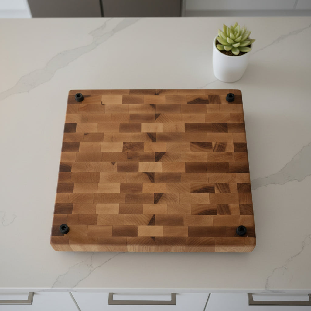 Handmade End Grain Northern Hard Maple Cutting Board with Rubber Feet – 12" x 12" x 1.75"
