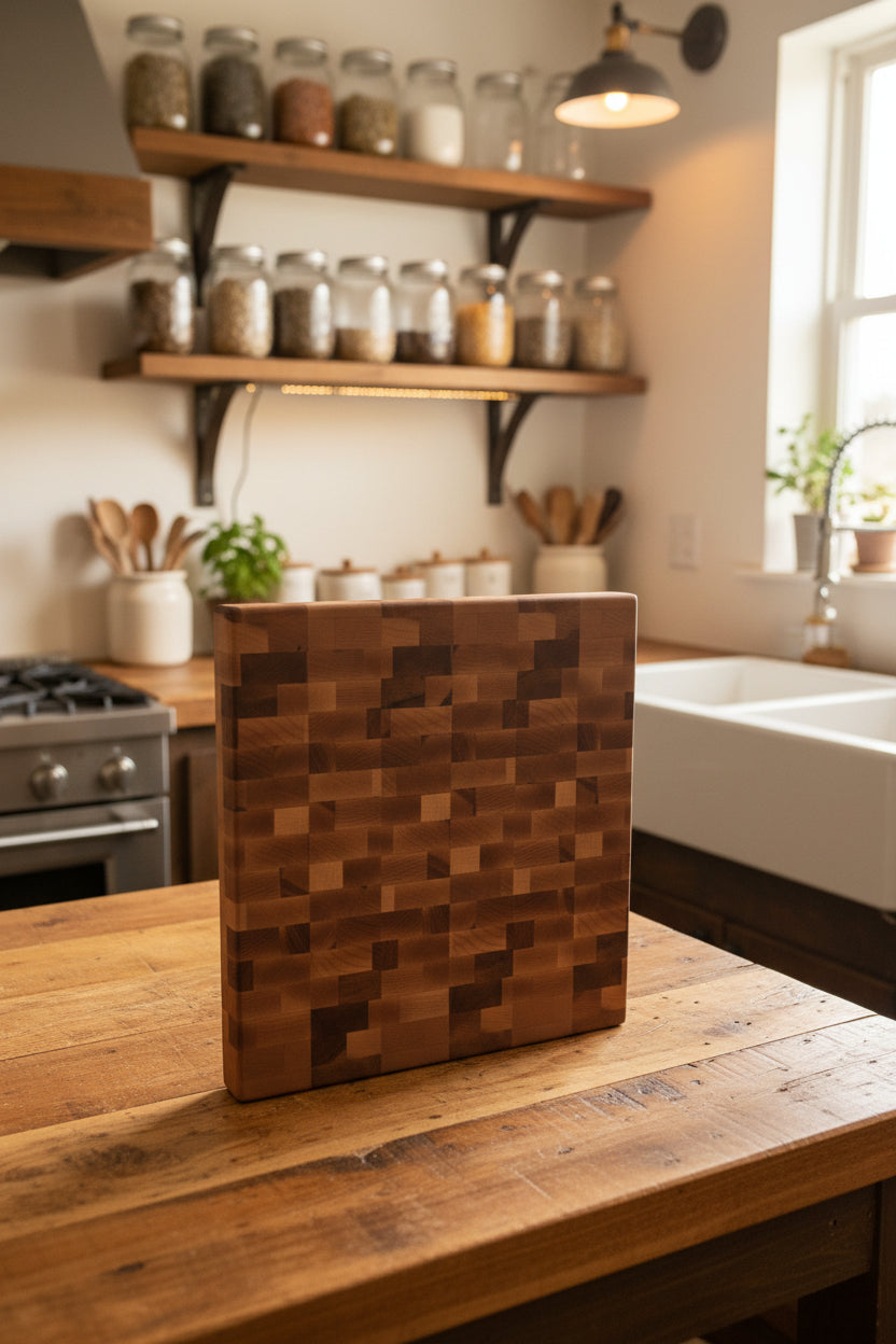 Handcrafted Northern Hard Maple End Grain Cutting Board with Rubber Feet – 12" x 12" x 1.75"