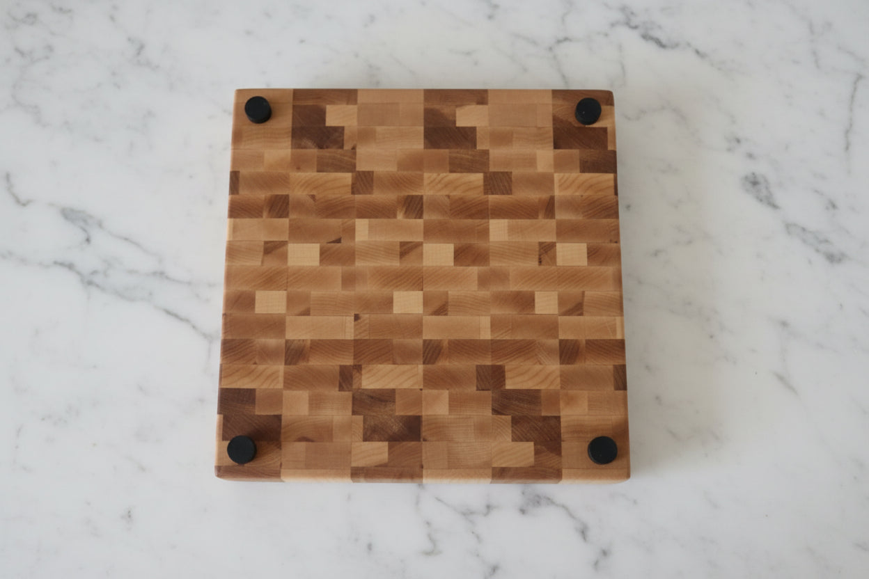 Handcrafted Northern Hard Maple End Grain Cutting Board with Rubber Feet – 12" x 12" x 1.75"
