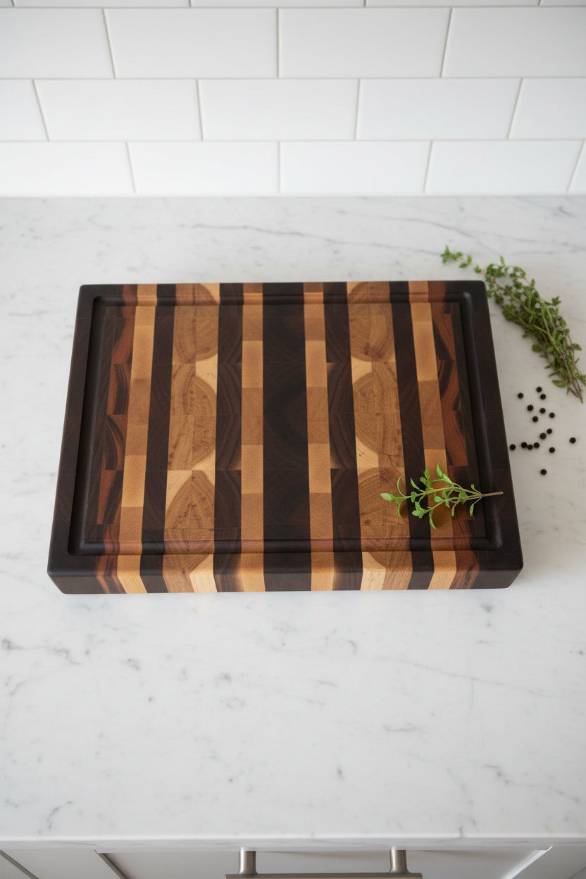 end grain black walnut,  hickory,  maple, and Tigerwood cutting board