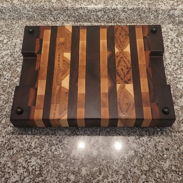 end grain black walnut,  hickory,  maple, and Tigerwood cutting board