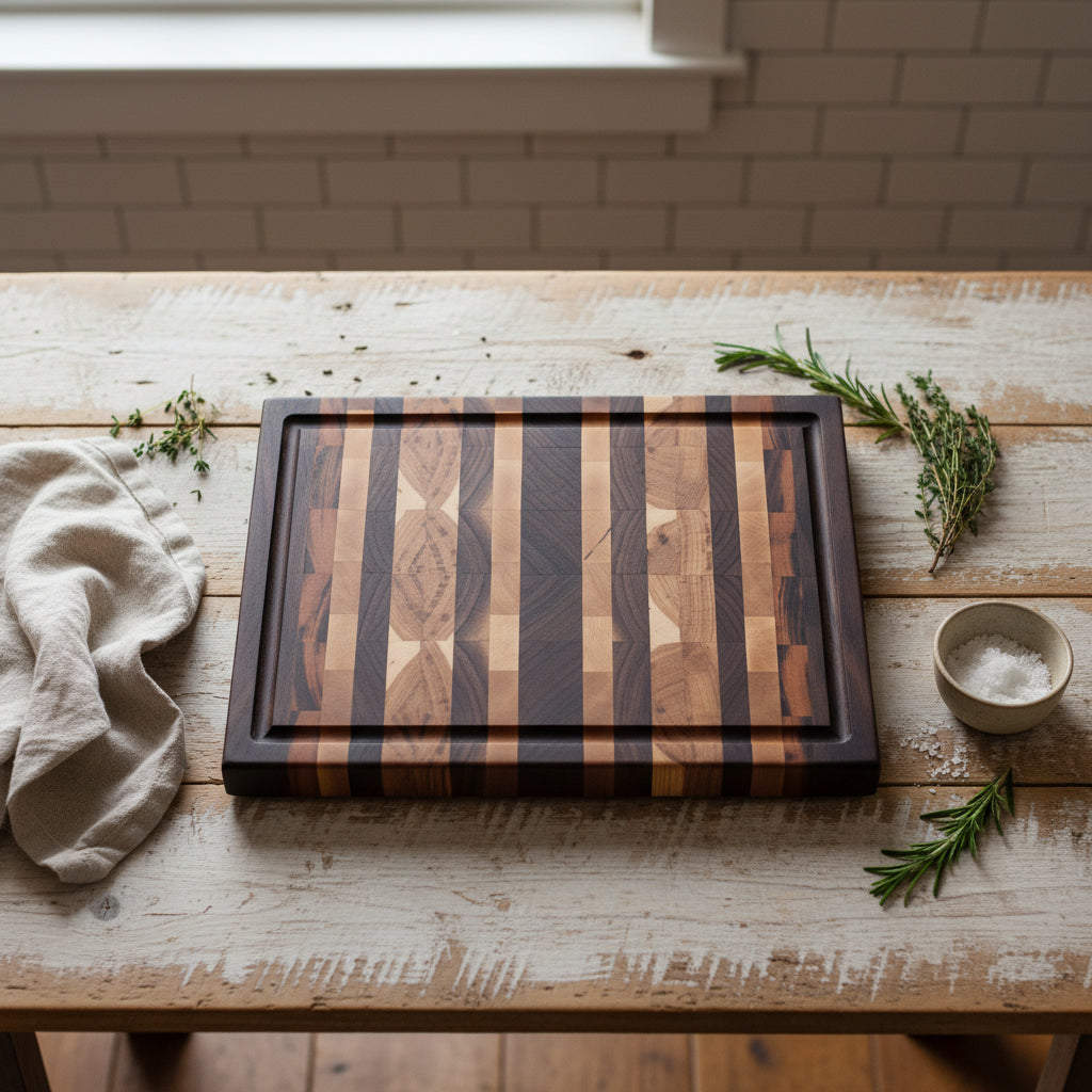 end grain black walnut,  hickory,  maple, and Tigerwood cutting board