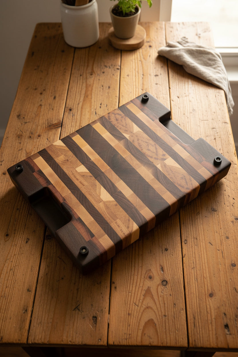 end grain black walnut,  hickory,  maple, and Tigerwood cutting board