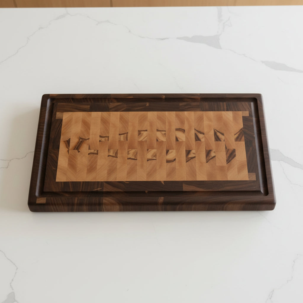 10.5x20x1.25" African olive and black walnut cutting board