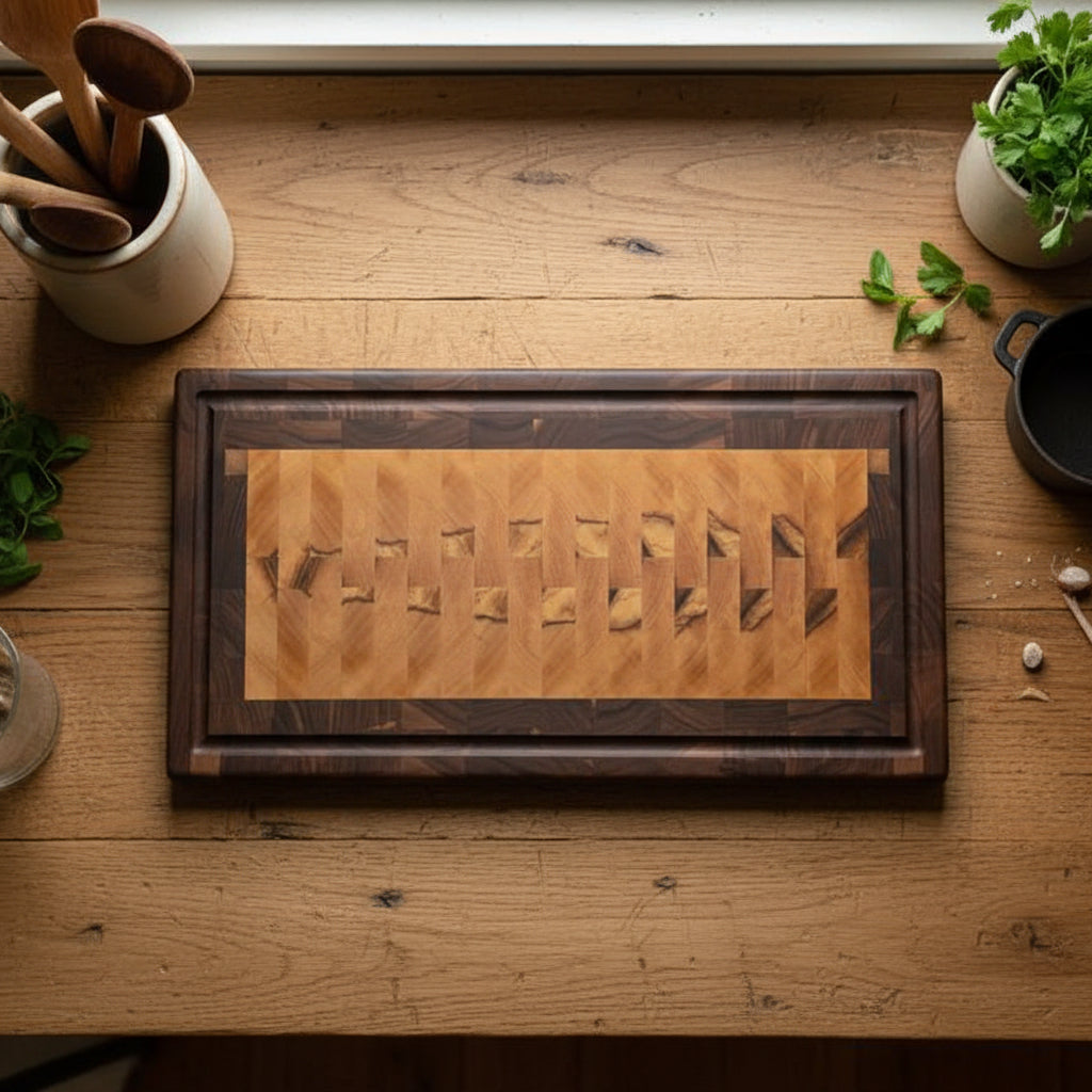 10.5x20x1.25" African olive and black walnut cutting board