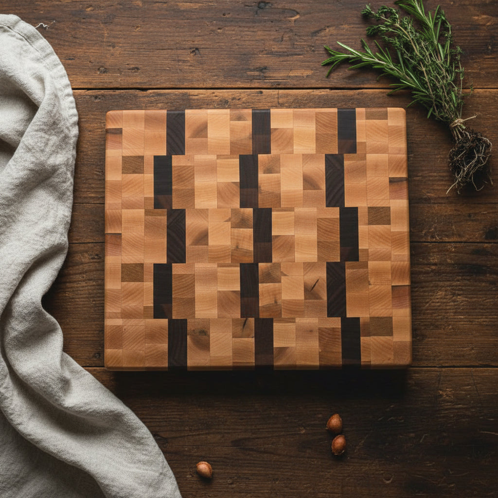 10x12x1.5" end grain black walnut and northern hard maple cutting board with rubber feet 