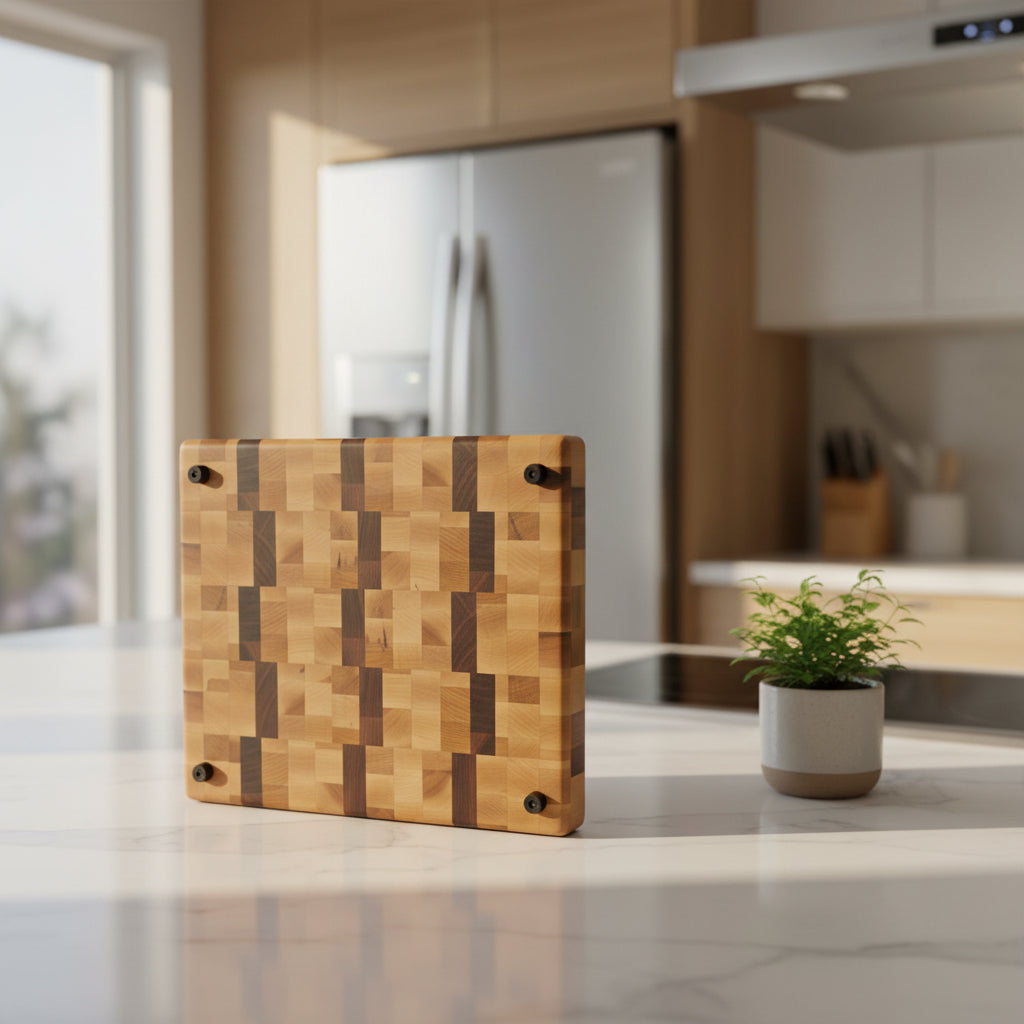 10x12x1.5" end grain black walnut and northern hard maple cutting board with rubber feet 