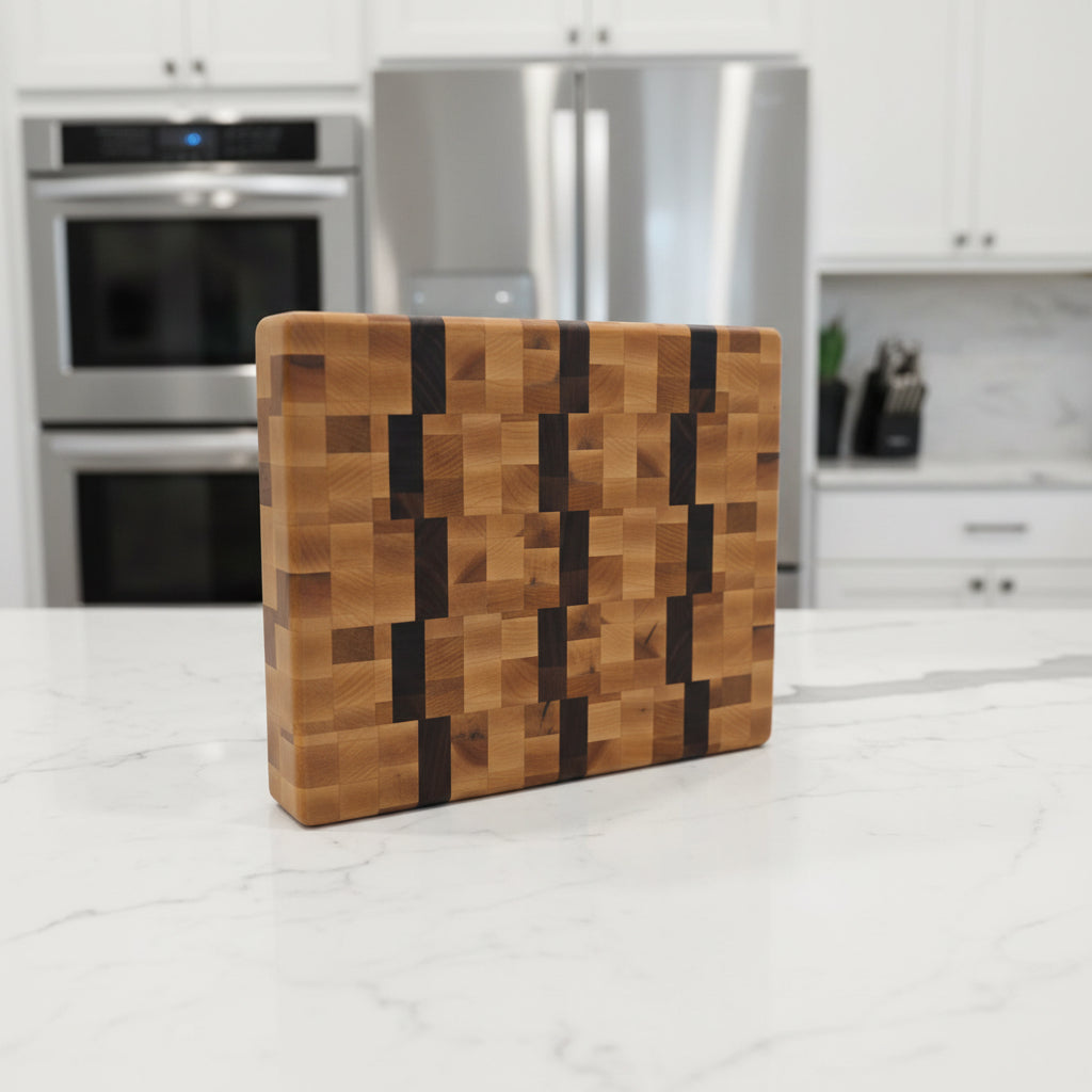 10x12x1.5" end grain black walnut and northern hard maple cutting board with rubber feet 