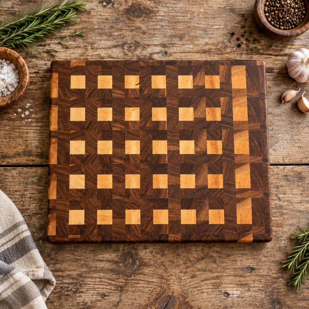 Handcrafted End Grain Black Walnut & Maple Cutting Board 12 x 14 x 2