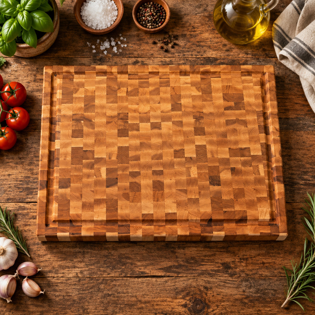 Handcrafted 15" x 19" x 1.5" End Grain Northern Hard Maple Cutting Board – Butcher Block with Juice Groove & Rubber Feet