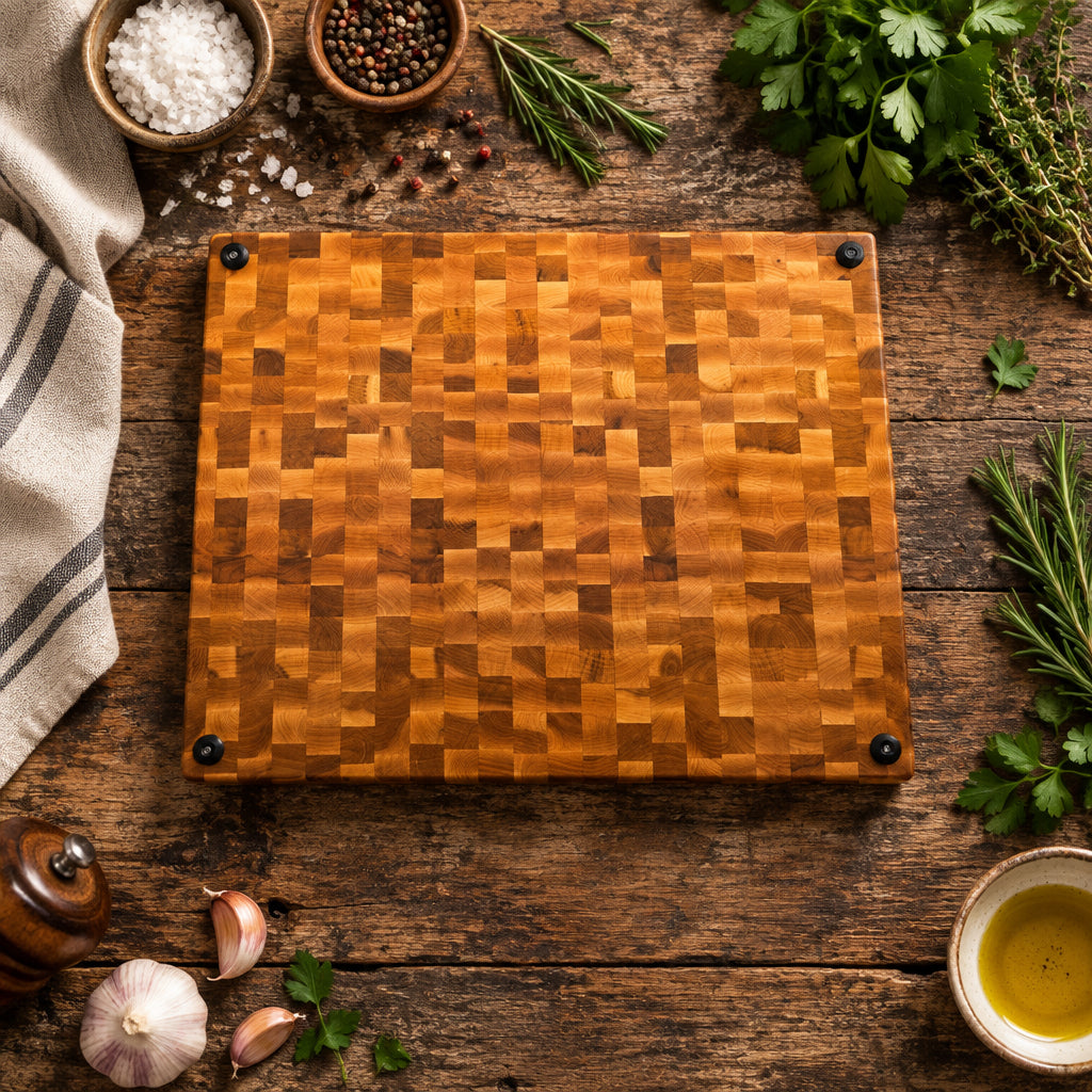 Handcrafted 15" x 19" x 1.5" End Grain Northern Hard Maple Cutting Board – Butcher Block with Juice Groove & Rubber Feet