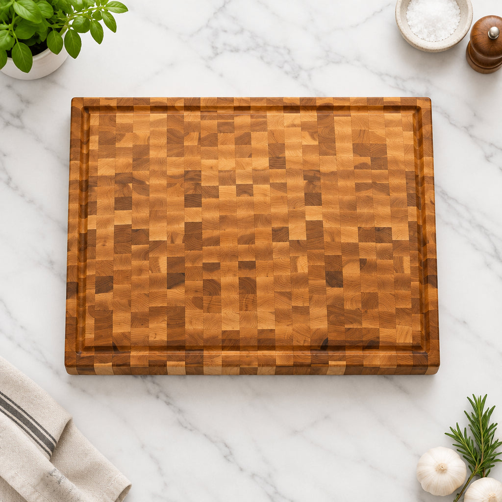 Handcrafted 15" x 19" x 1.5" End Grain Northern Hard Maple Cutting Board – Butcher Block with Juice Groove & Rubber Feet