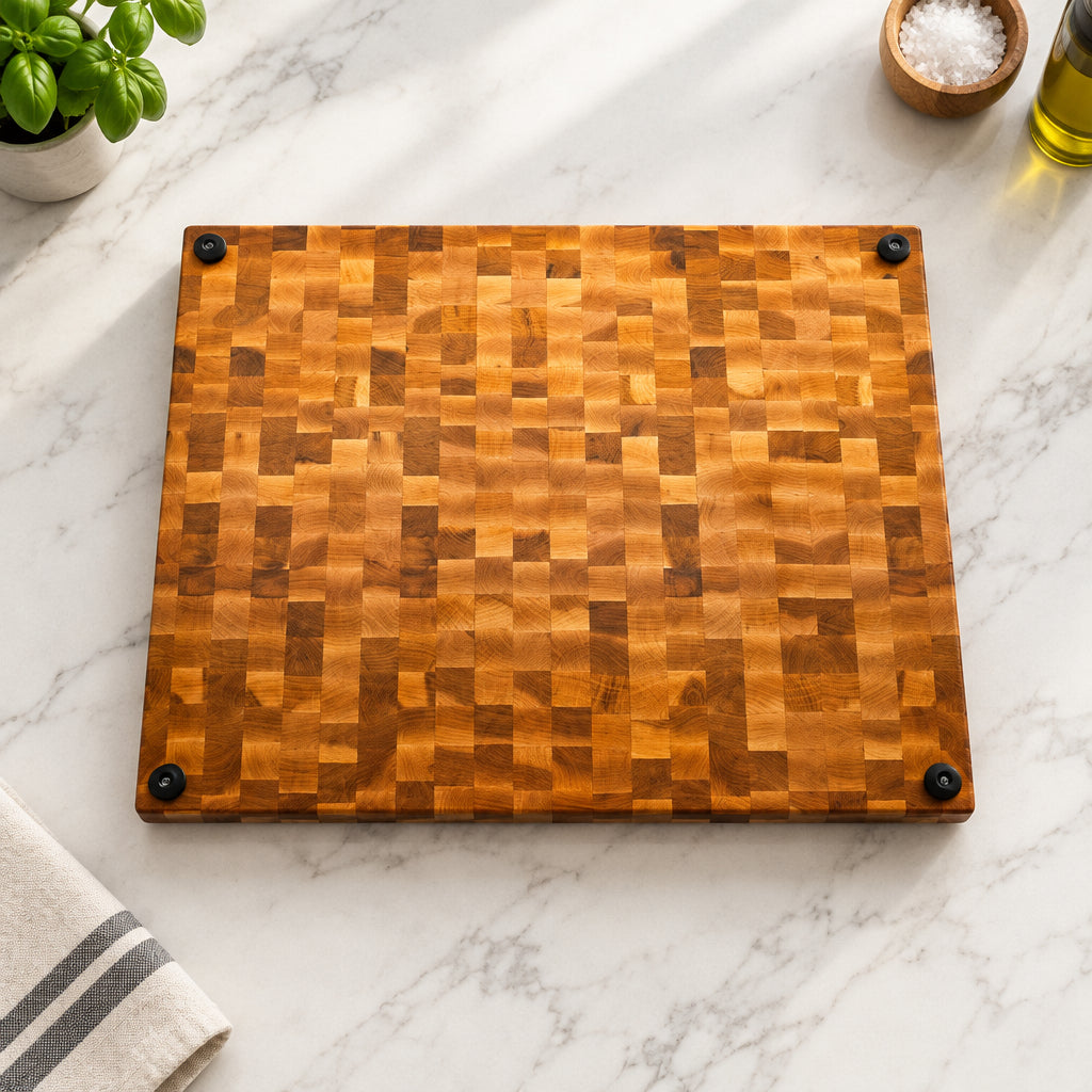 Handcrafted 15" x 19" x 1.5" End Grain Northern Hard Maple Cutting Board – Butcher Block with Juice Groove & Rubber Feet