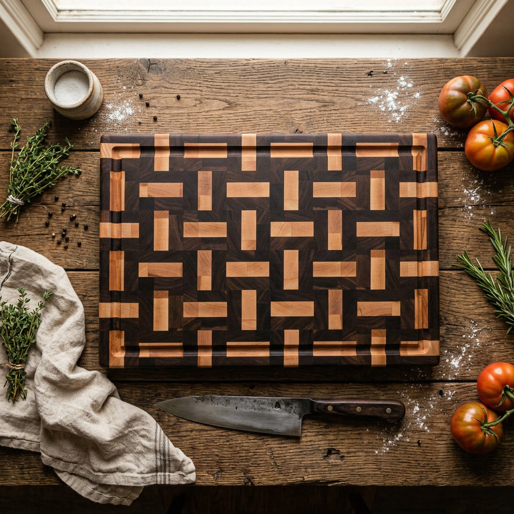 Basket Weave Cutting Board, End Grain Cutting Board, Northern Hard Maple, Black Walnut, Maple and Walnut Butcher Block, Handmade Cutting Board, Juice Groove, Handhold Cutting Board, Rubber Feet, Artisan Kitchenware, Handcrafted Woodworking