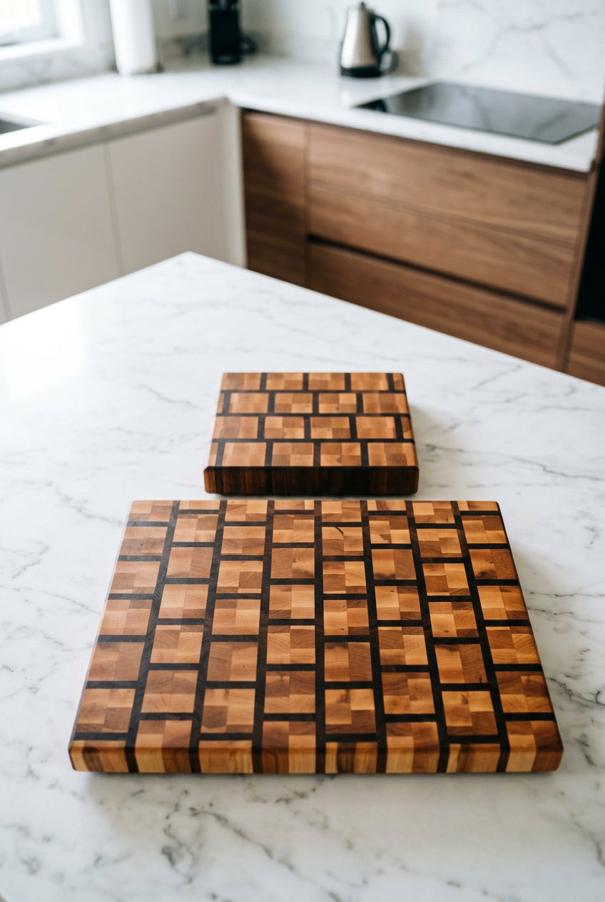 Brick Pattern Maple & Walnut End Grain Cutting Board Set