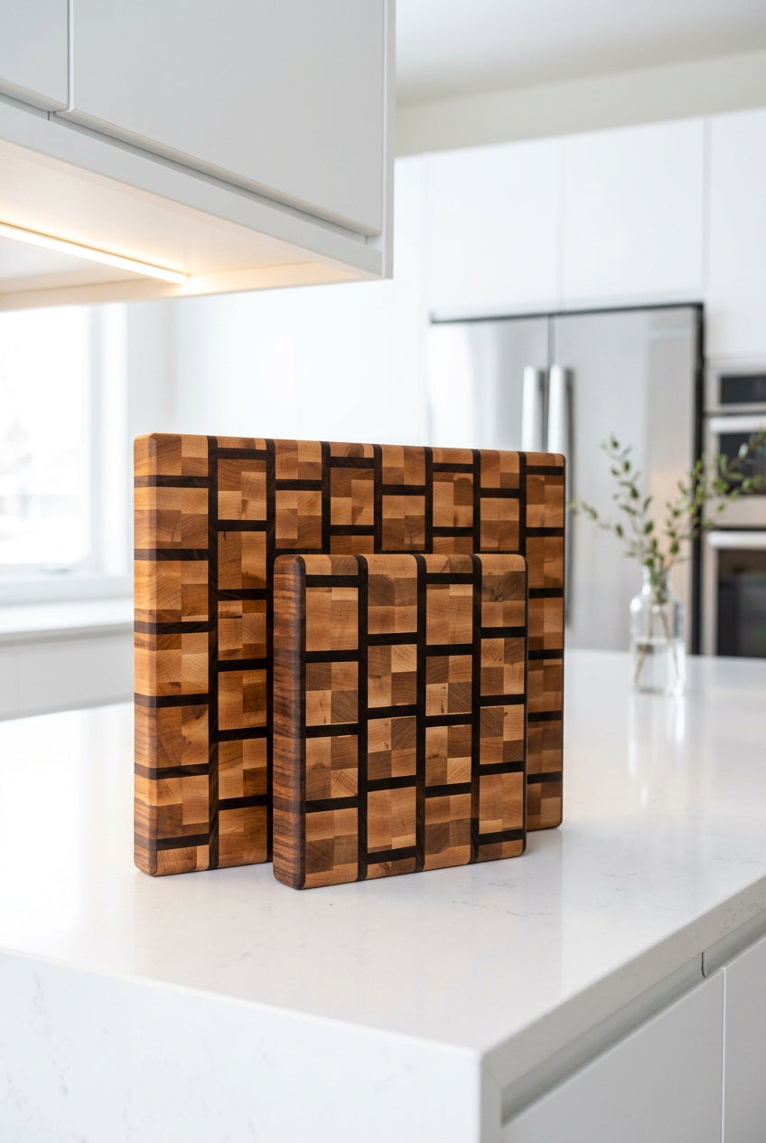 Brick Pattern Maple & Walnut End Grain Cutting Board Set