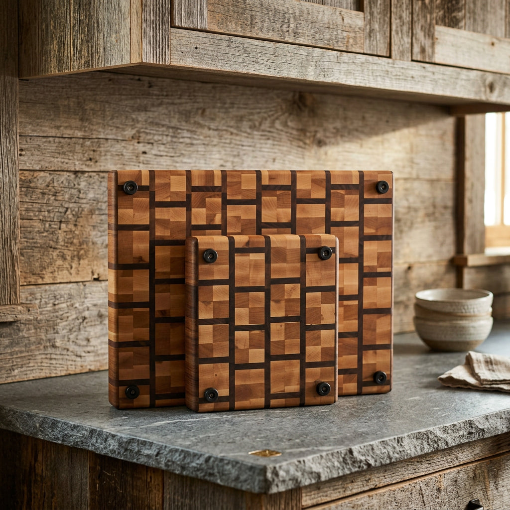 Brick Pattern Maple & Walnut End Grain Cutting Board Set