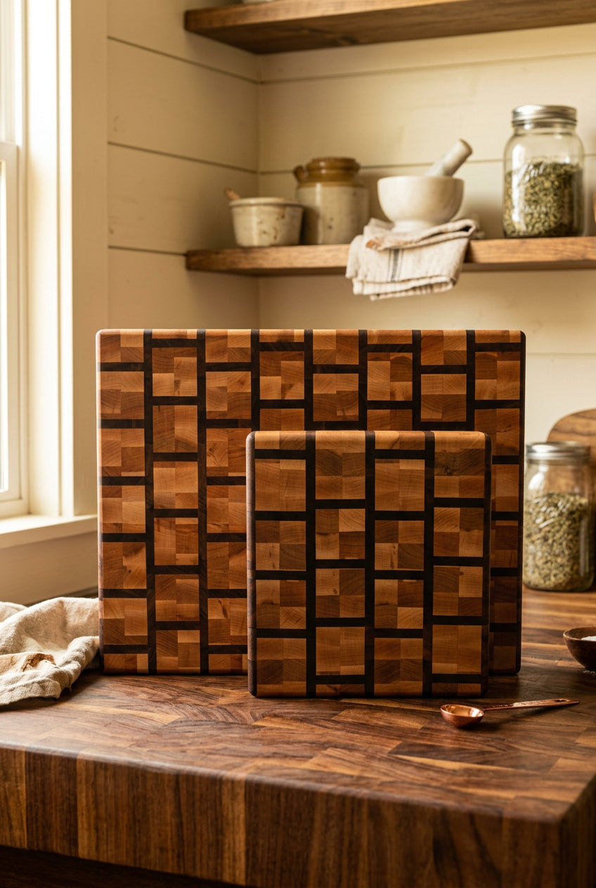 Brick Pattern Maple & Walnut End Grain Cutting Board Set
