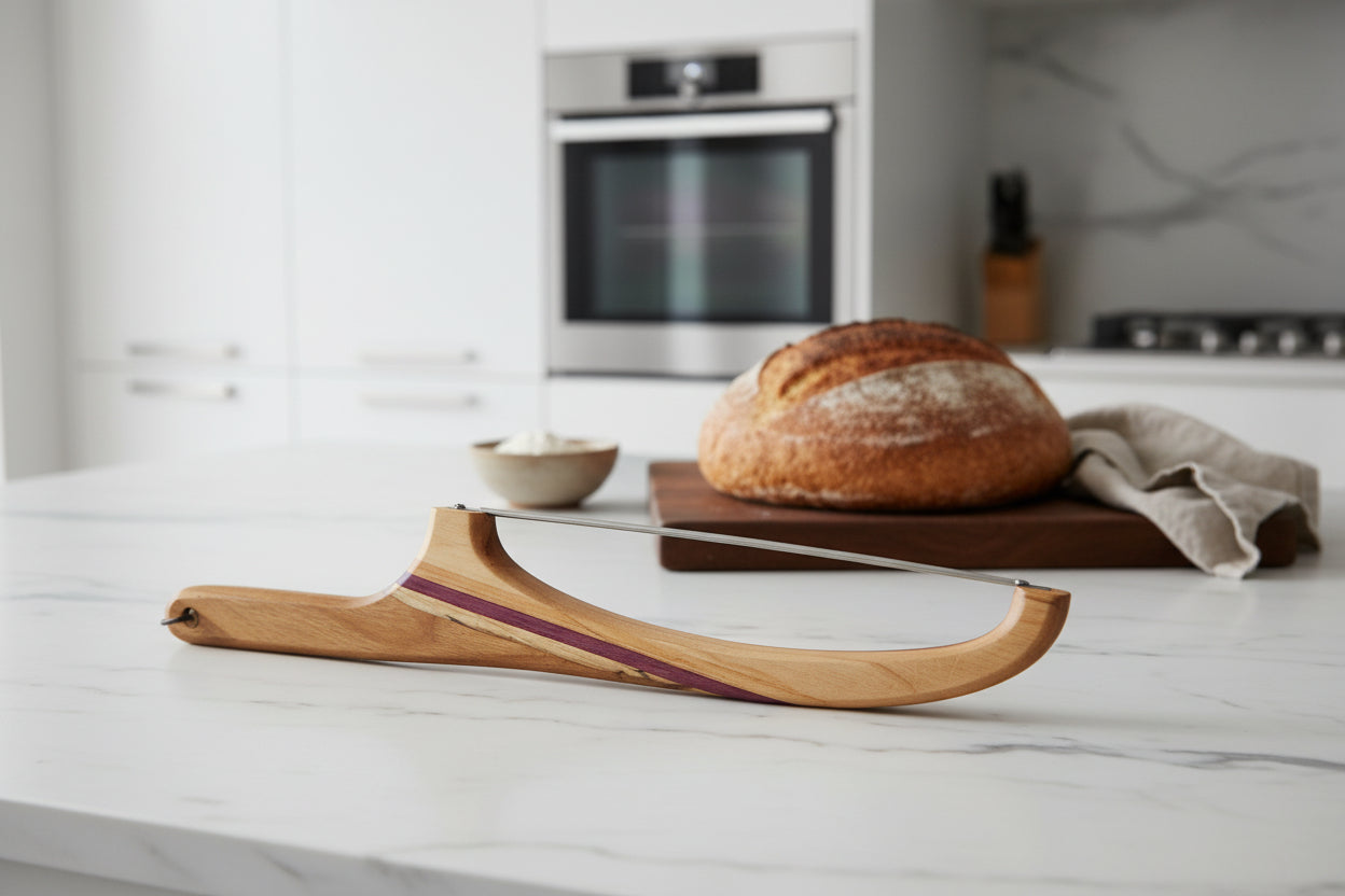 16" Right‑Handed Bread Knife — Cherry, Purpleheart & Ambrosia Maple