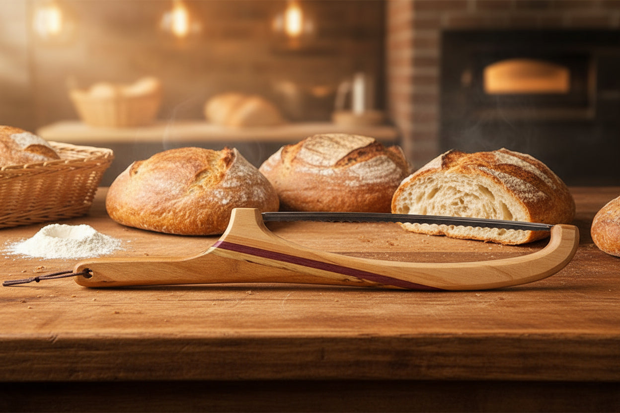 16" Right‑Handed Bread Knife — Cherry, Purpleheart & Ambrosia Maple