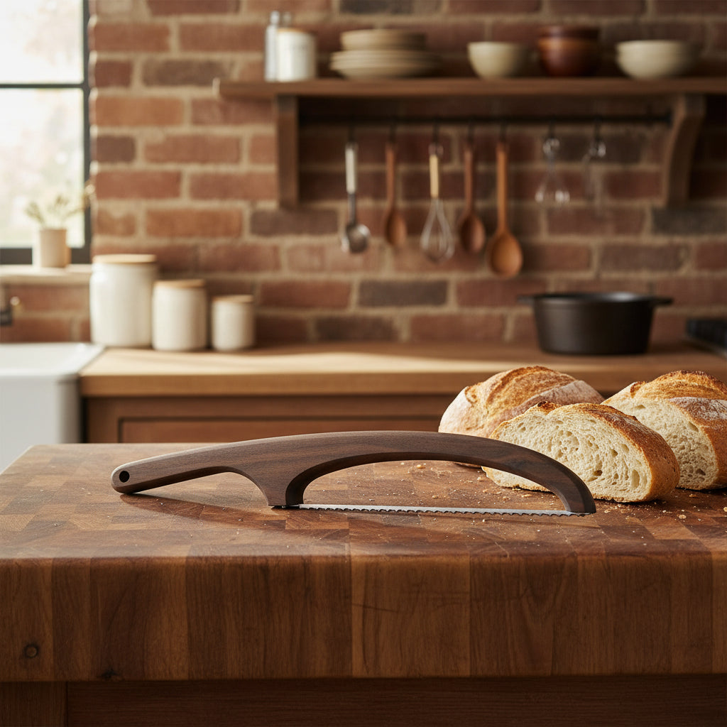 16" Right‑Handed Bread Knife — Black Walnut Handcrafted • Serrated Wooden Blade • Food‑Safe Finish