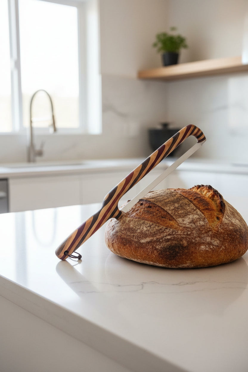 Handcrafted 16" Exotic Hardwood Bread Knife — Padauk • Ambrosia Maple • Black Limba • Wenge (Right‑Handed)