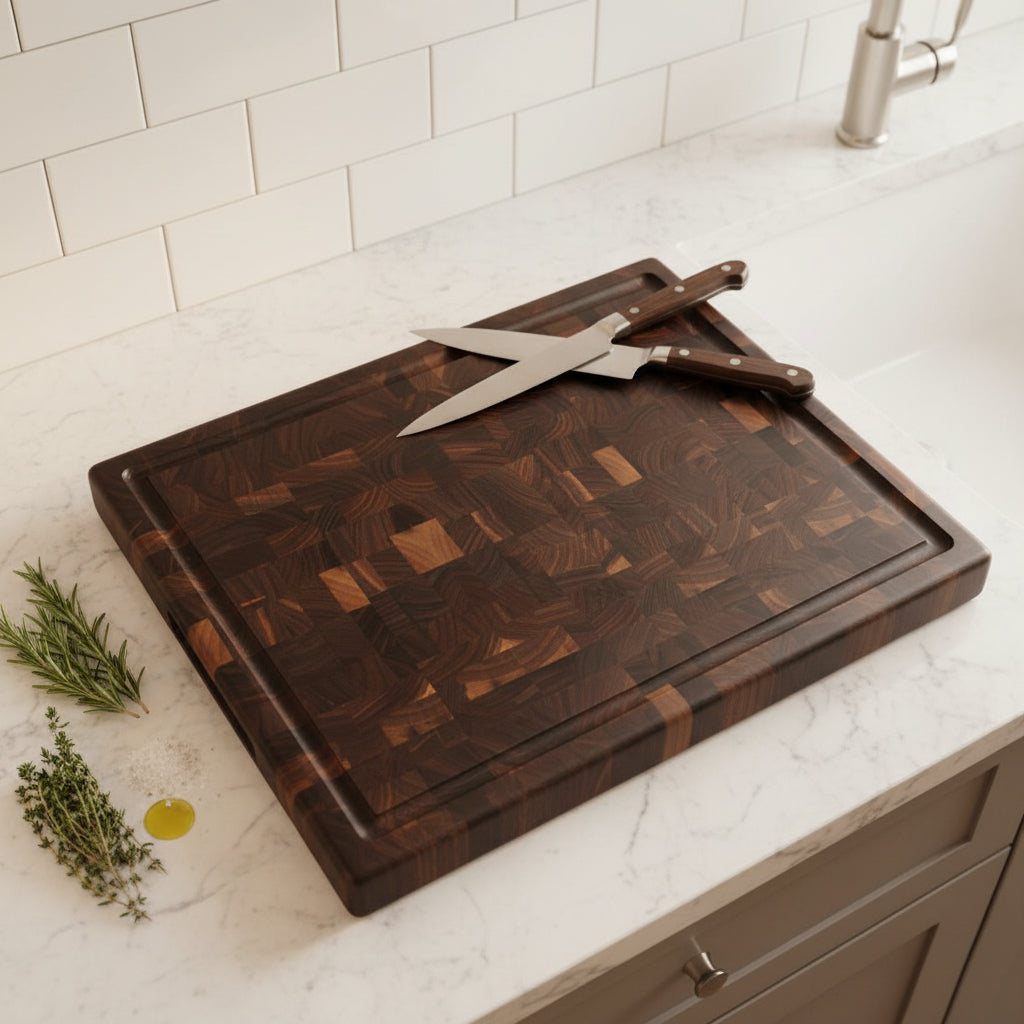 A rectangular wooden cutting board with a dark brown geometric inlay pattern, standing on a speckled granite countertop against a textured off-white wall.