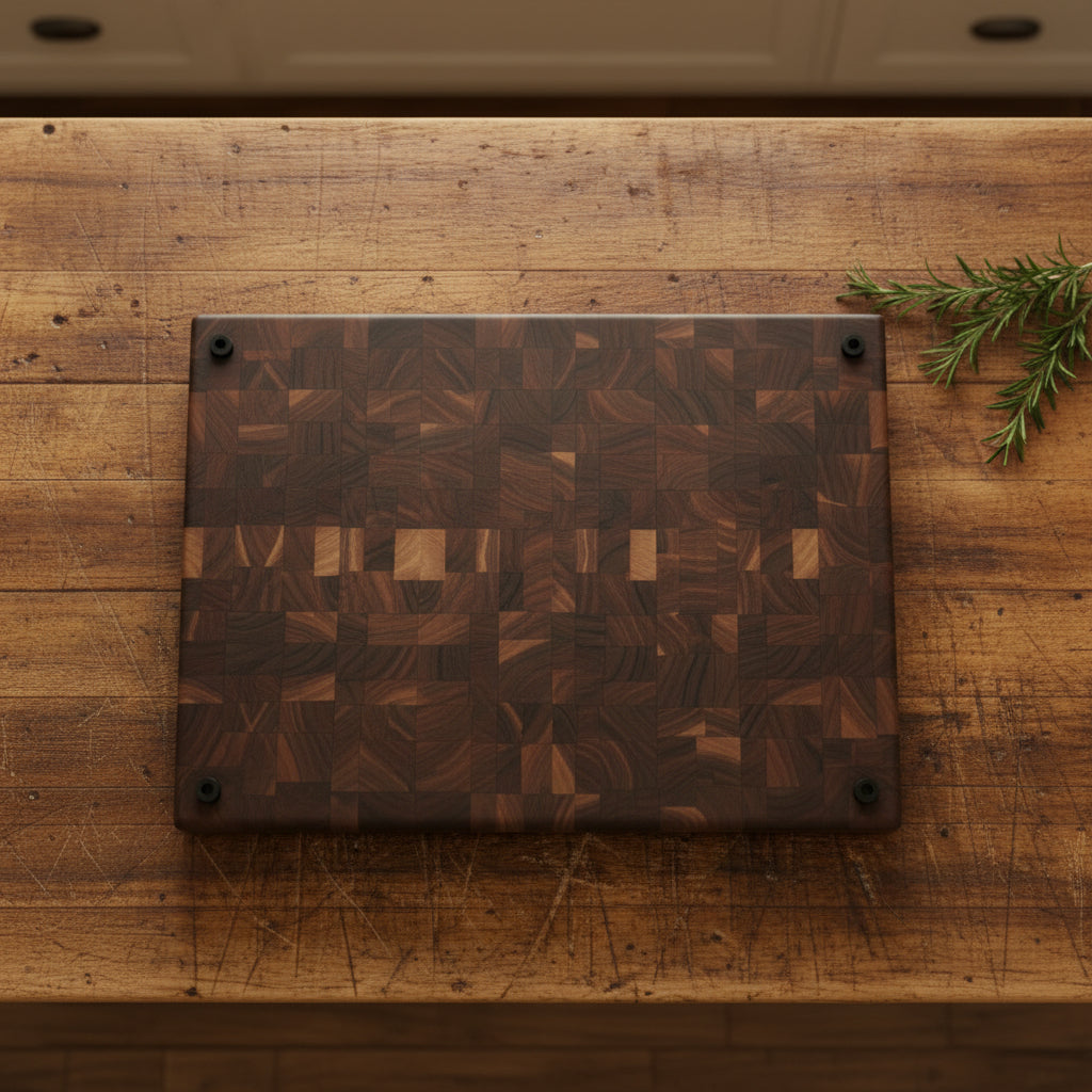 A rectangular wooden cutting board with a dark brown and black geometric inlay pattern, standing on a wooden countertop.