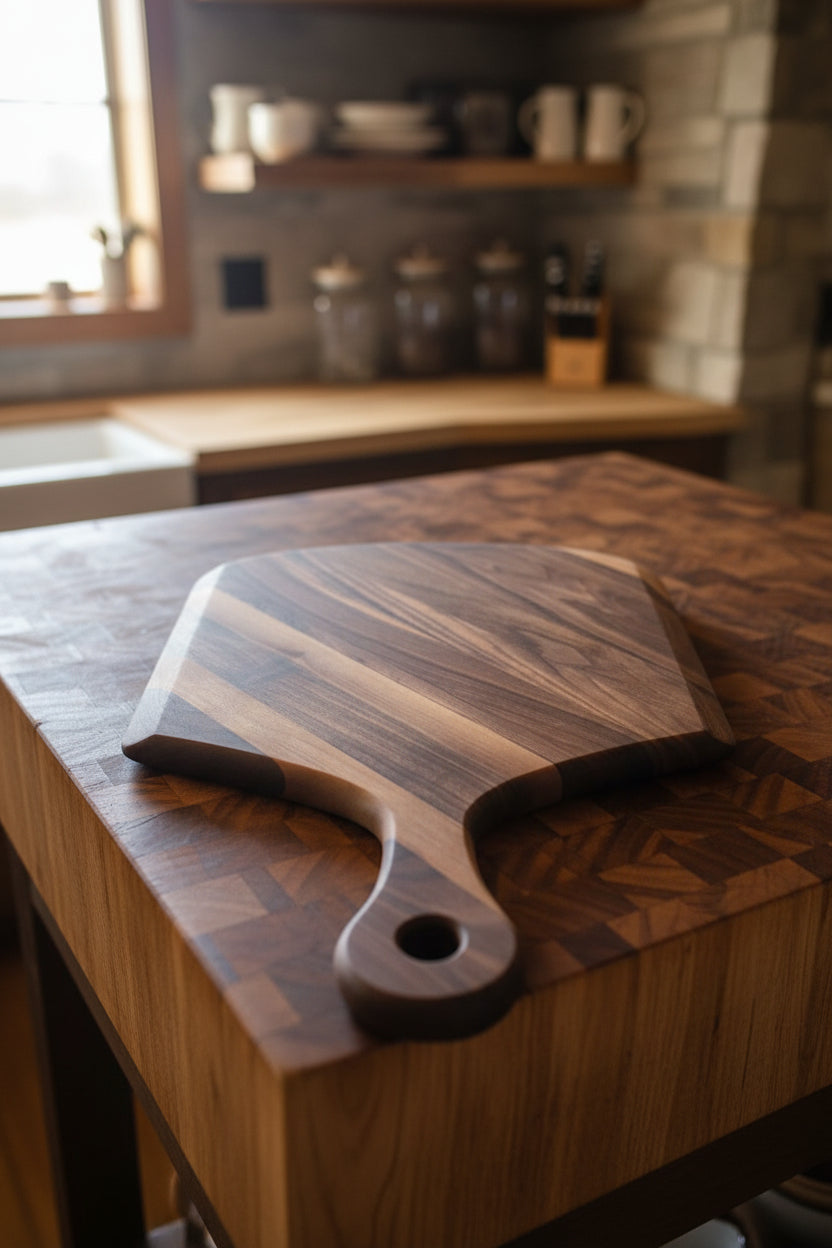 Black Walnut Pizza Peel in a rustic kitchen