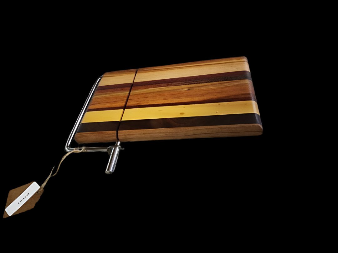 Left-Handed Artisan Cheese Slicer – 6"x9"x¾" | Black Walnut, Padauk, Tigerwood, Yellowheart, Canarywood & Maple