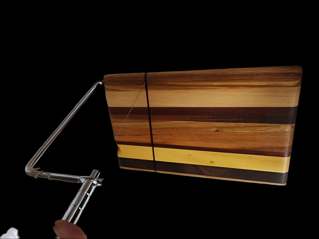 Left-Handed Artisan Cheese Slicer – 6"x9"x¾" | Black Walnut, Padauk, Tigerwood, Yellowheart, Canarywood & Maple