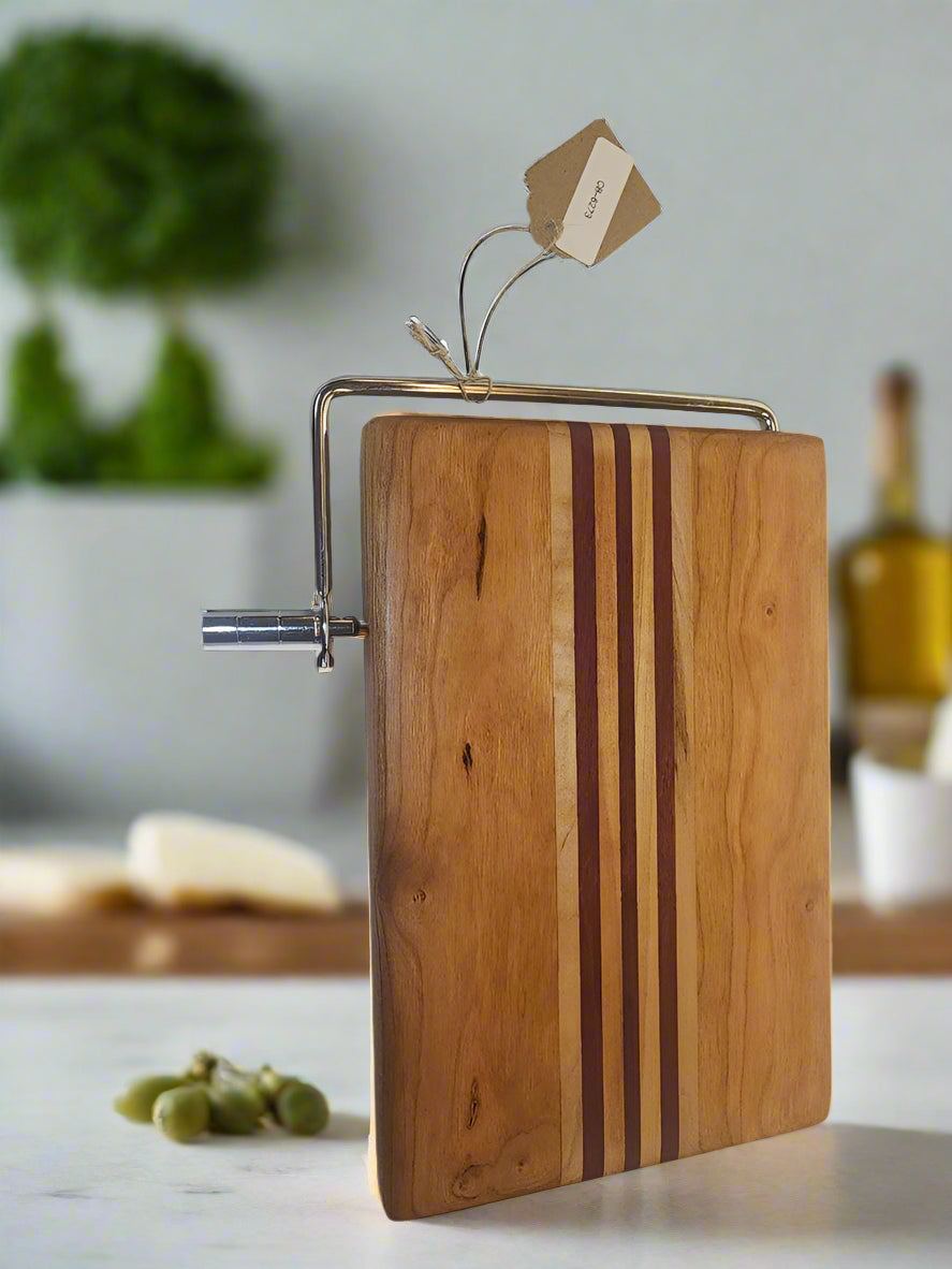 Cheese Slicer - Handcrafted Cherry, Purpleheart & Ambrosia Maple Board 6"x9"