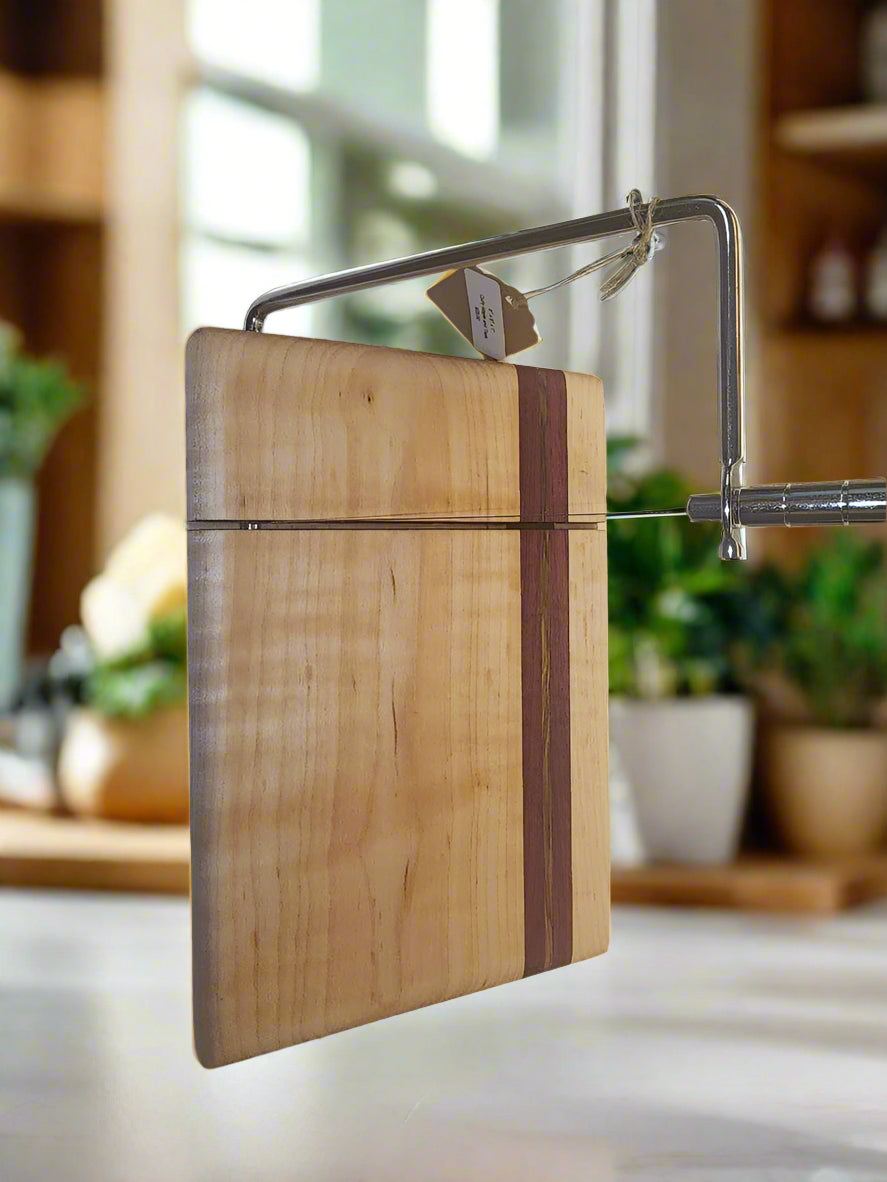 Cheese Slicer - Handcrafted Curly Maple & Teak, Compact 6"x9" Elegance