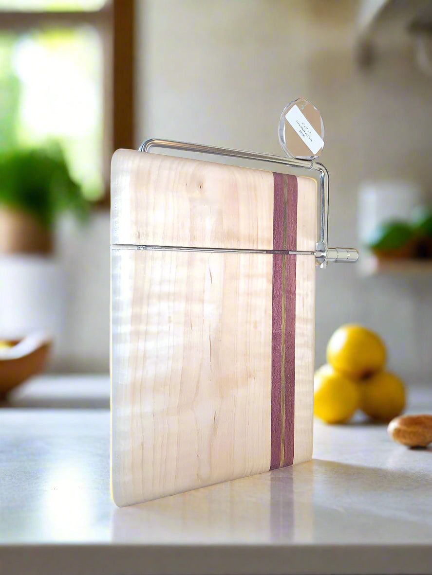 Cheese Slicer - Handcrafted Curly Maple & Teak, Compact 6"x9" Elegance