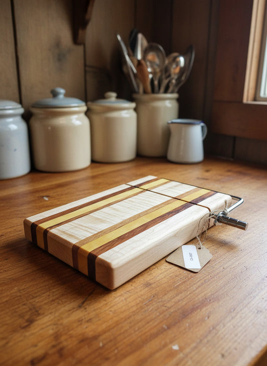 Handmade Cheese Slicer – Curly Maple, Yellowheart & Tigerwood (6" x 9" x 3/4")